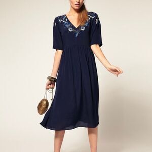 ASOS Navy Blue Sequin Neckline Midi‎ Dress Size 6